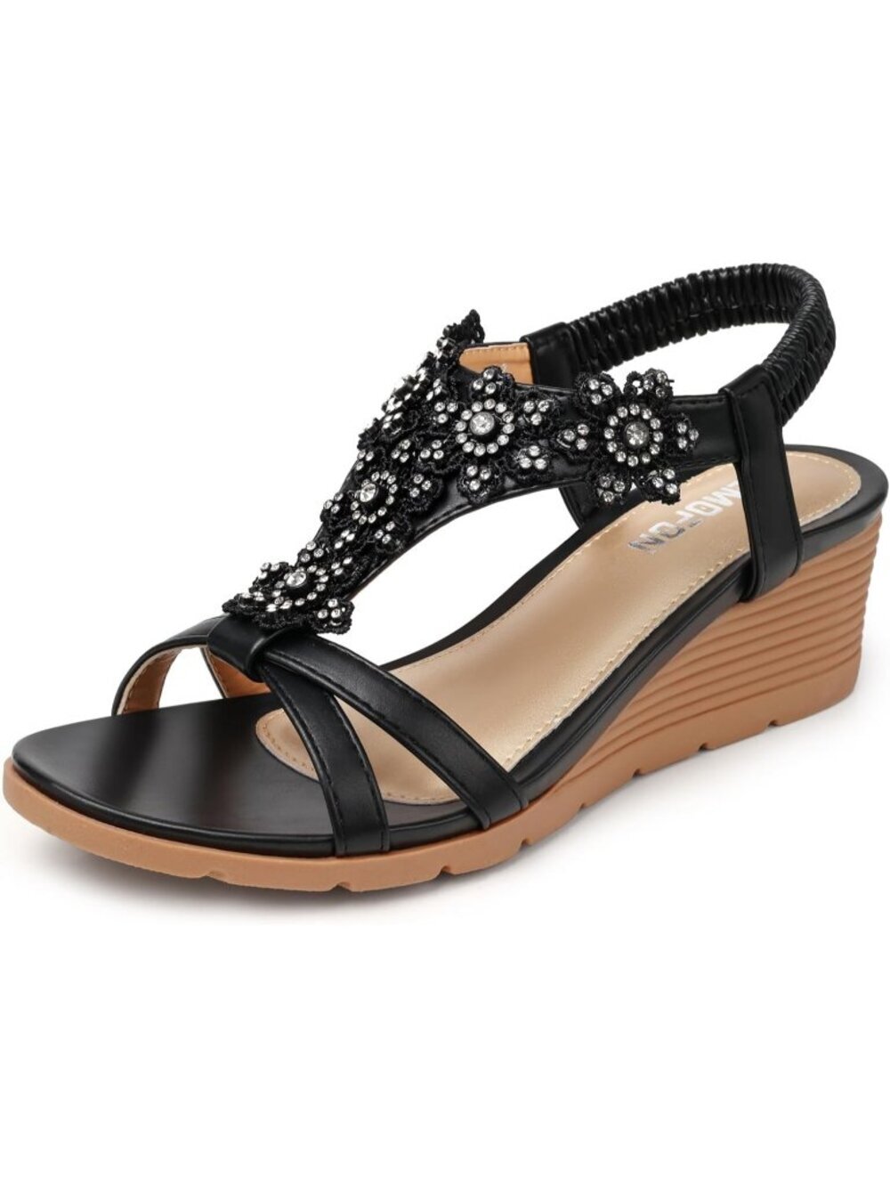 Women's Black Elastic Open Toe Flower Low Wedge Heels Platform Sandal Shoes